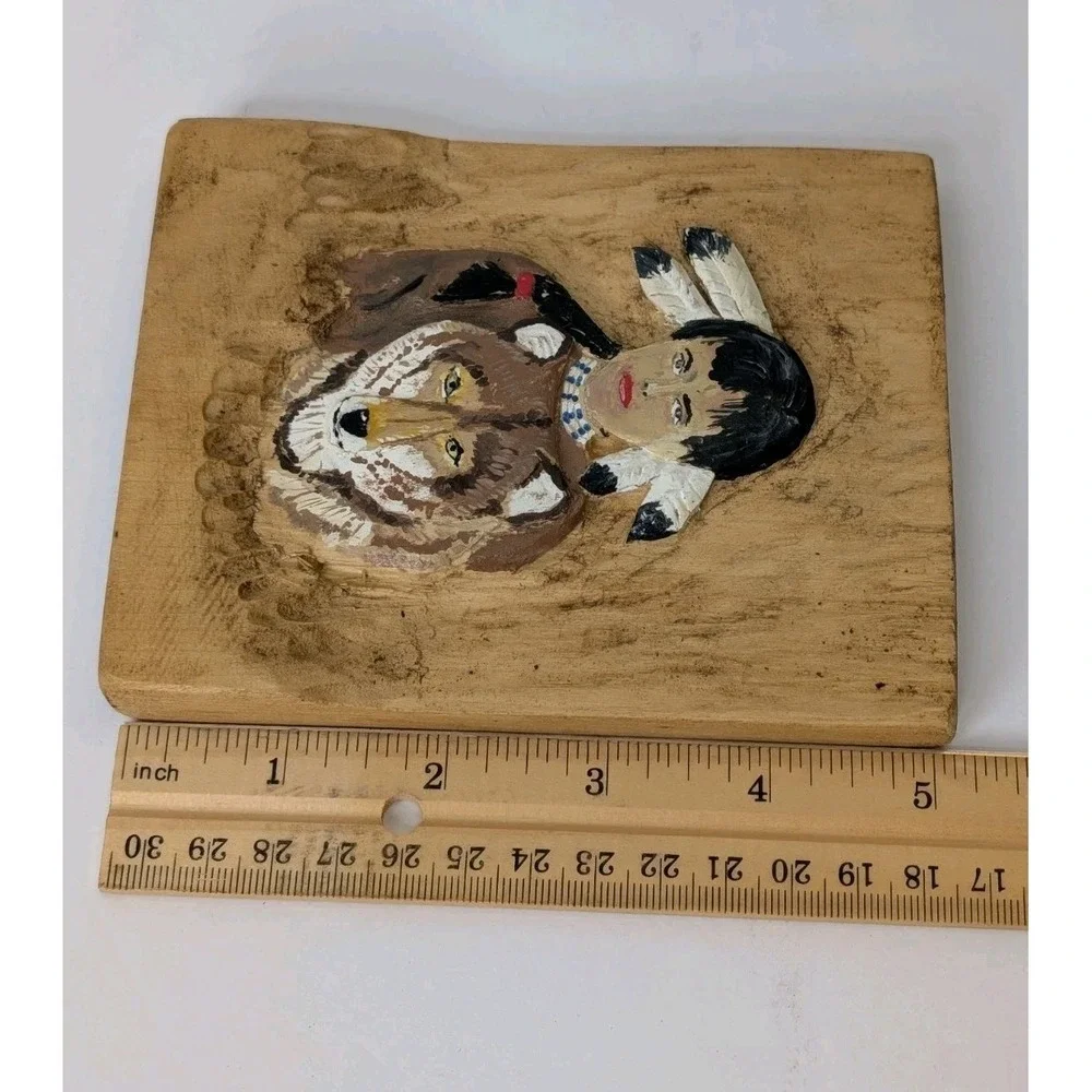 Hand Carved Wooden Plaque‎ Native American Man Wolf Spirit Rustic Wall Art